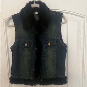Cejon Accessories Denim Distressed Vest with Black Rabbit Fur Trim Sz M